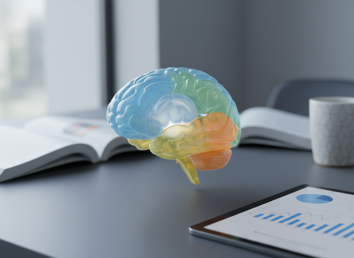 A detailed, three-dimensional translucent brain model floats at the center of a sleek, dark graphite desk, its major regions softly glowing in distinct, realistic colors. Around it lie open scientific journals, a tablet displaying simplified graphs, and a ceramic mug, all slightly out of focus to suggest research translated into everyday life. Cool, diffused light from an unseen window grazes the brain’s textured folds, creating subtle highlights and shadows. Photographed at eye level with a shallow depth of field, the scene feels professional yet approachable, conveying the idea of complex neuropsychology made accessible in a real-world work environment, in clean, modern photographic realism.