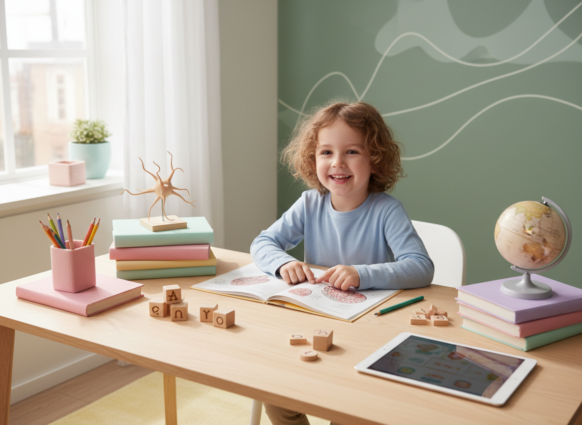 A warm, polished editorial photograph of a happy child engaged in learning at a bright desk, surrounded by colorful books, gentle educational materials, and natural light. Authentic candid expression, inclusive and age-appropriate, professional neuroscience education website aesthetic, softly playful but not cartoonish, pastel accents, clean composition with room around the subject.