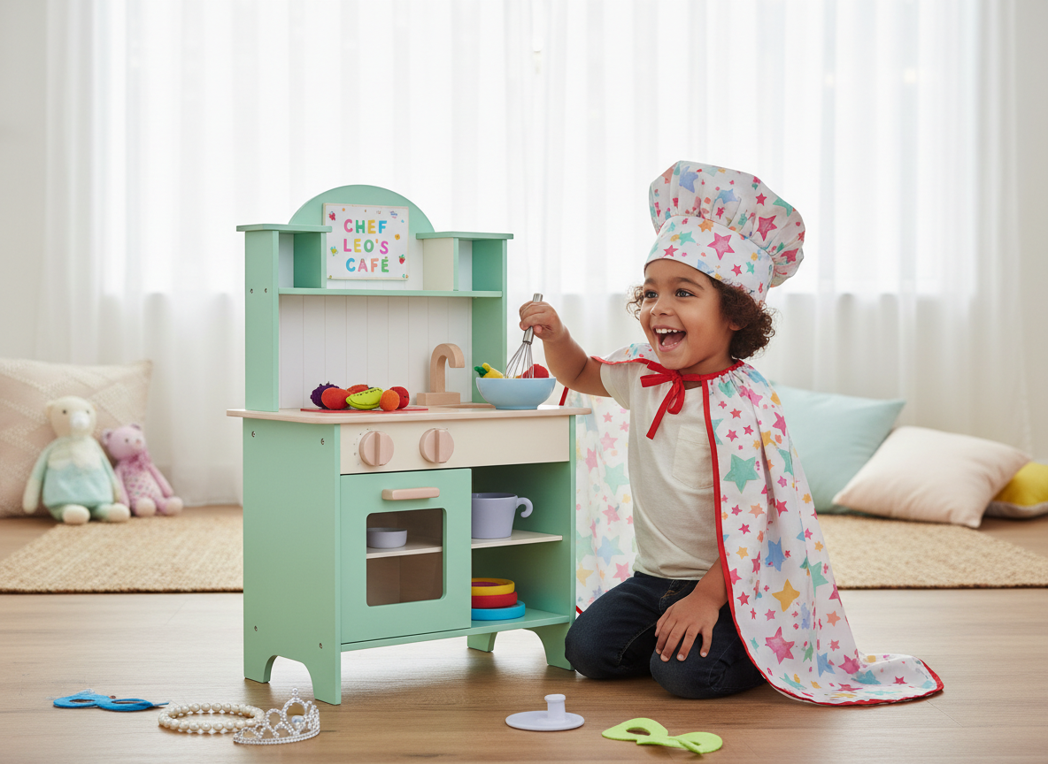 A warm, polished editorial photograph of a happy child engaged in imaginative pretend play, using a small toy kitchen, dress-up props, or a pretend shop setup. Natural candid expression, age-appropriate and inclusive, bright soft daylight, playful pastel accents, realistic photography rather than cartoon art, professional neuroscience education website aesthetic, clean composition.